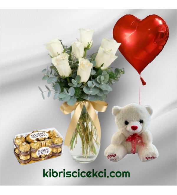 Vazoda 7 Beyaz Gül Ayıcık 16'lı Ferrero Çikolata Kalp Helyum Balon